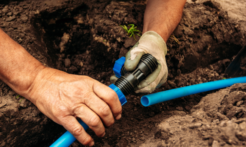 Worker installing irrigation